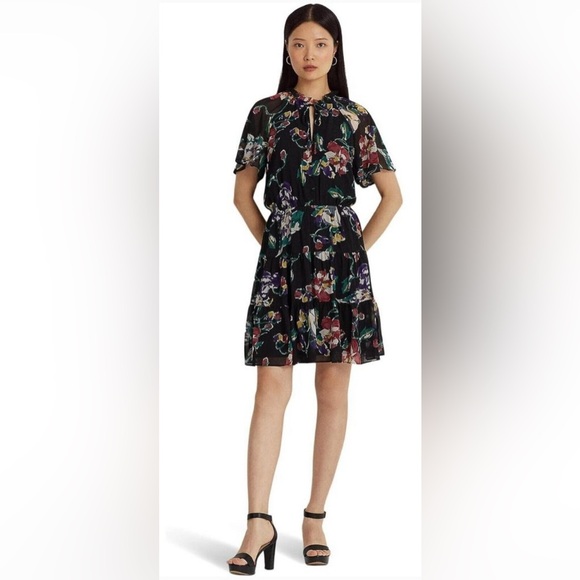 Lauren Ralph Lauren $165 Floral Crinkle Georgette Dress sz 12 Black Label NEW - Picture 2 of 16